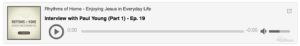 Podcast player showing episode title and play controls